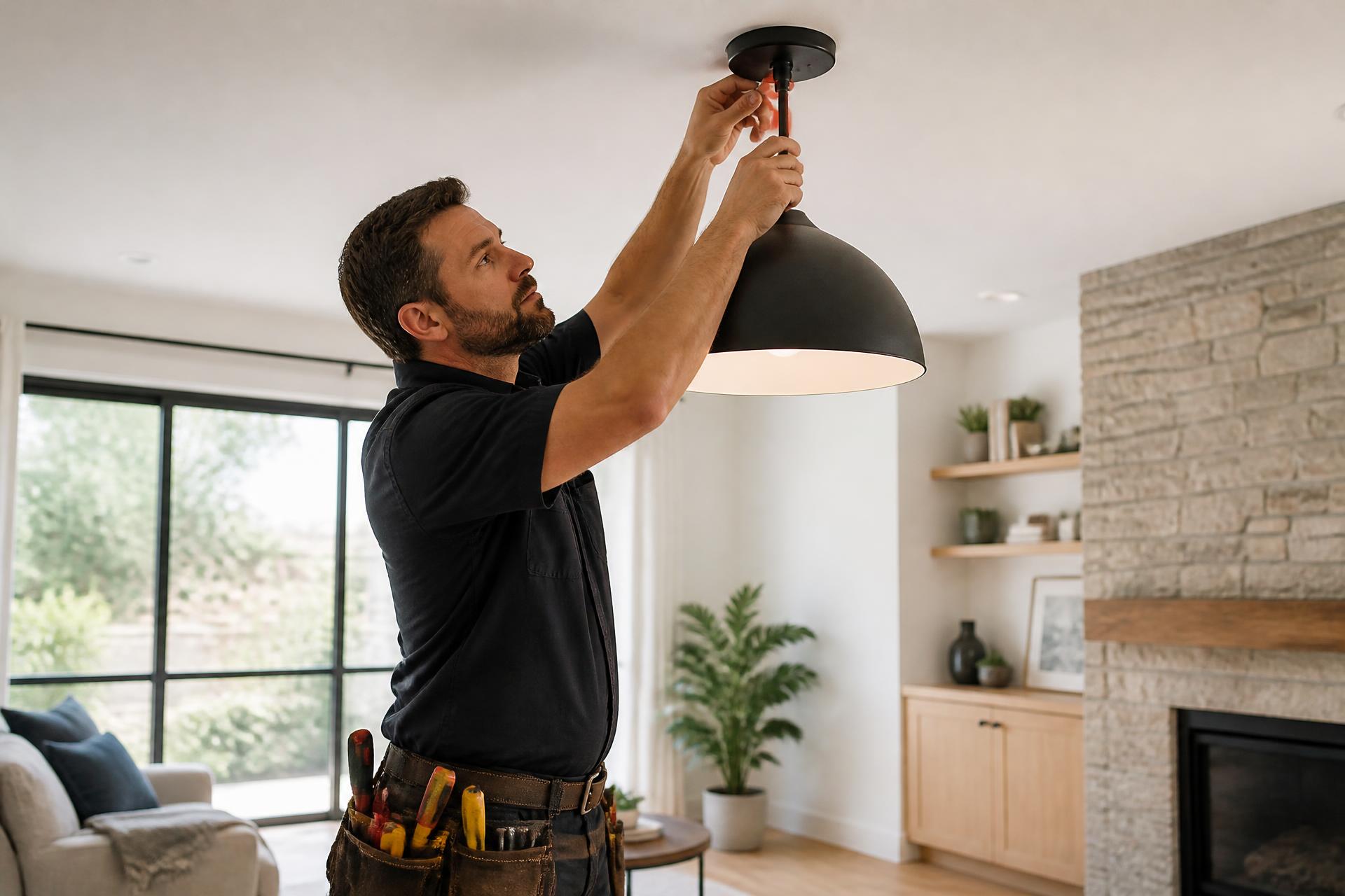 Handyman installing a ceiling light fixture in a bright modern living room